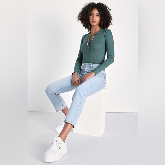 Free People One of the Girls Emerald Jaded Green Waffle Knit Henley Top - small - Picture 2 of 7